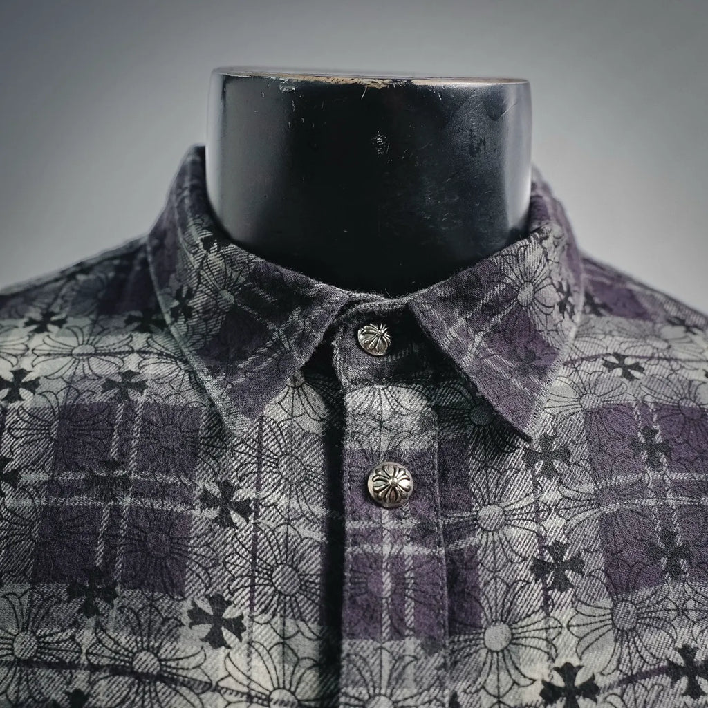 Button-up shirt with stand collar, dark plaid and purple-toned floral print