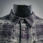 Button-up shirt with stand collar, dark plaid and purple-toned floral print