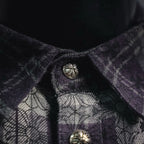 Shirt button detail on stand collar, dark plaid with purple floral print