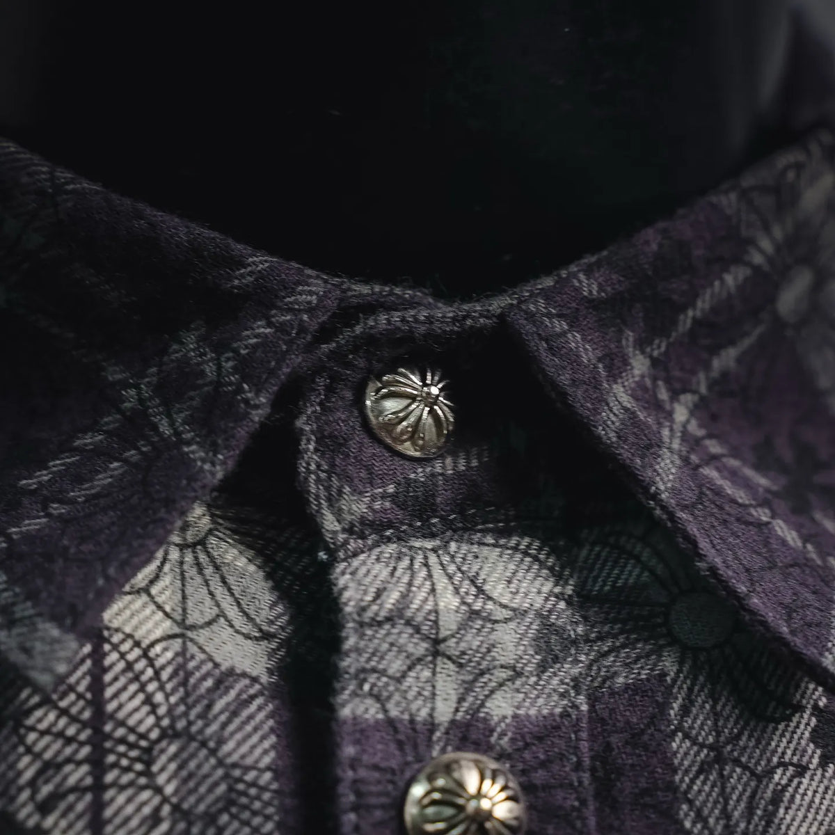 Shirt button detail on stand collar, dark plaid with purple floral print