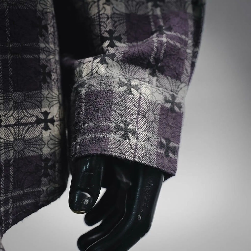 Shirt cuff and hem detail, dark plaid with purple floral pattern