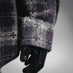 Shirt cuff and hem detail, dark plaid with purple floral pattern