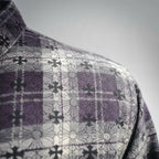 Shoulder and upper sleeve of shirt, dark plaid with purple and floral print