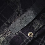 Close-up of dark plaid shirt fabric with floral stitching and metal snap button