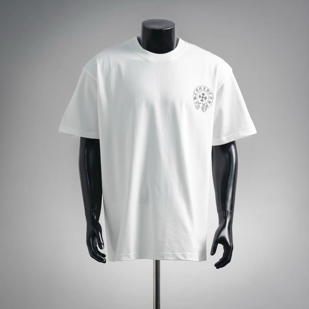 White short-sleeve T-shirt with small left-chest logo print
