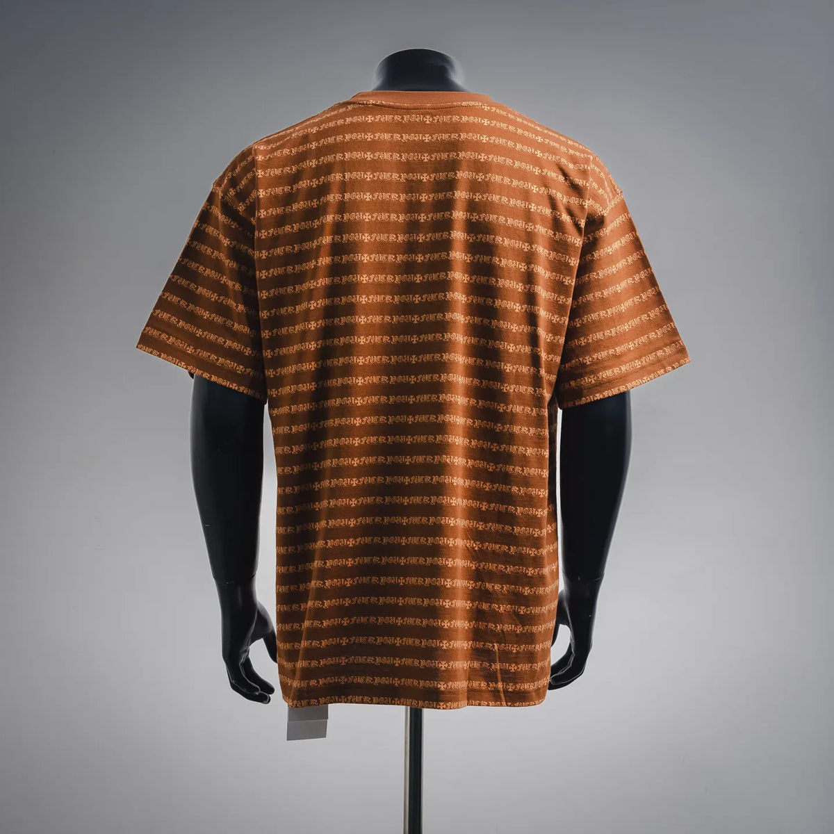 Orange short-sleeve T-shirt with allover white logo pattern, crew neck (back view)