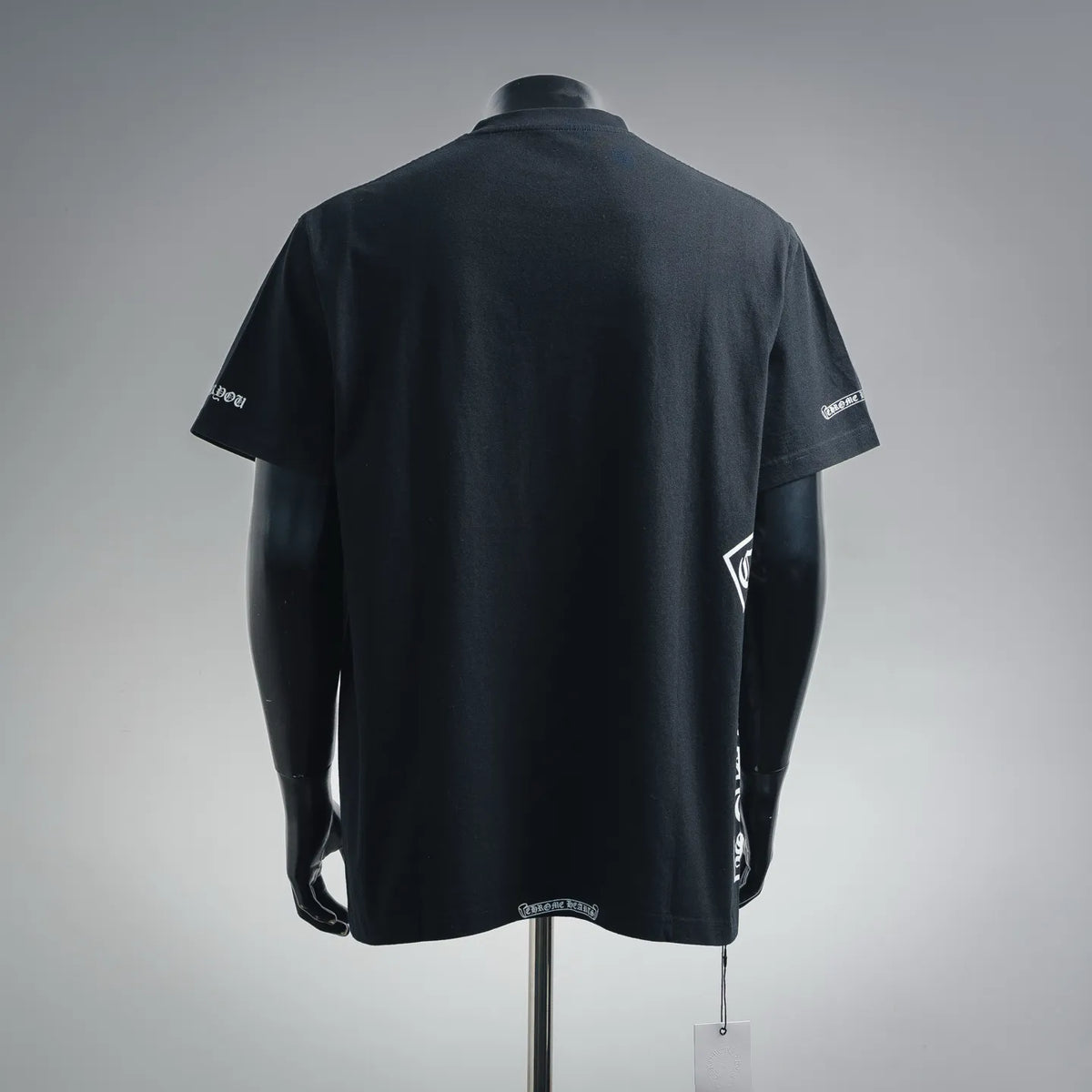 Black crew-neck short-sleeve T-shirt, back view with small sleeve logos