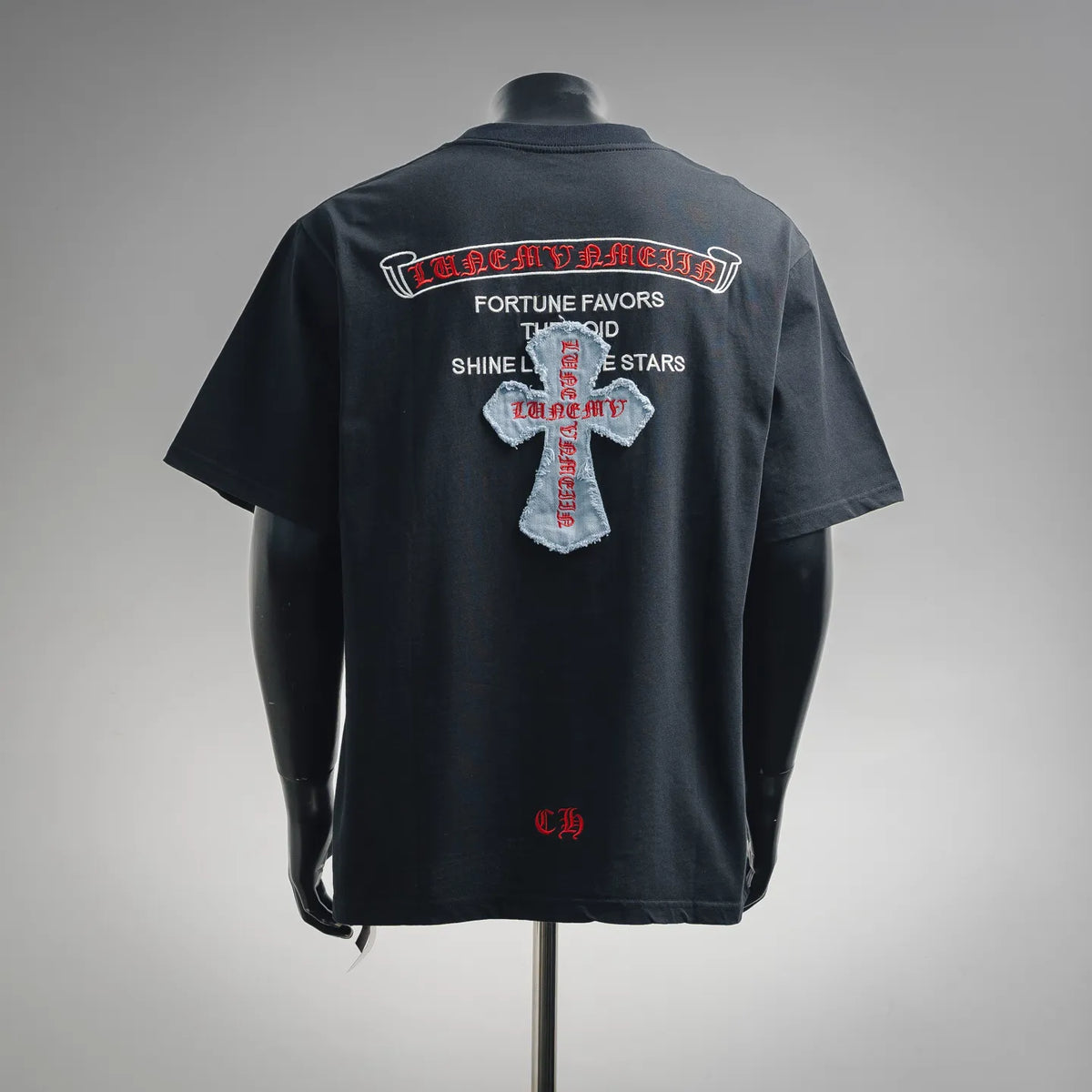Dark short-sleeve T-shirt with back graphic text and large cross applique