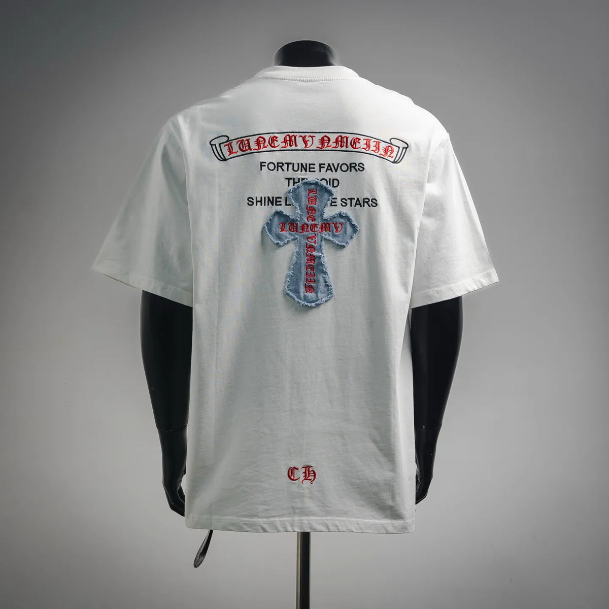 White short-sleeve T-shirt, back view with large cross patch graphic and lettering