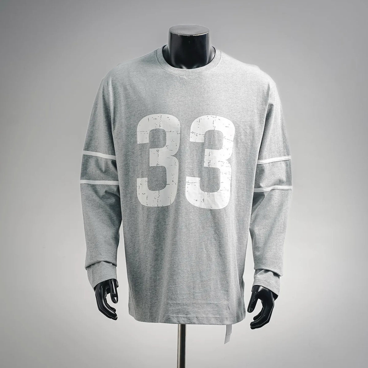 Heather gray long-sleeve graphic T-shirt with large "33" front print