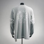 Heather gray long-sleeve graphic T-shirt with circular back logo print