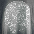 Close-up of circular back graphic logo on heather gray long-sleeve T-shirt