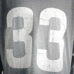 Close-up of large white "33" front graphic print on heather gray T-shirt