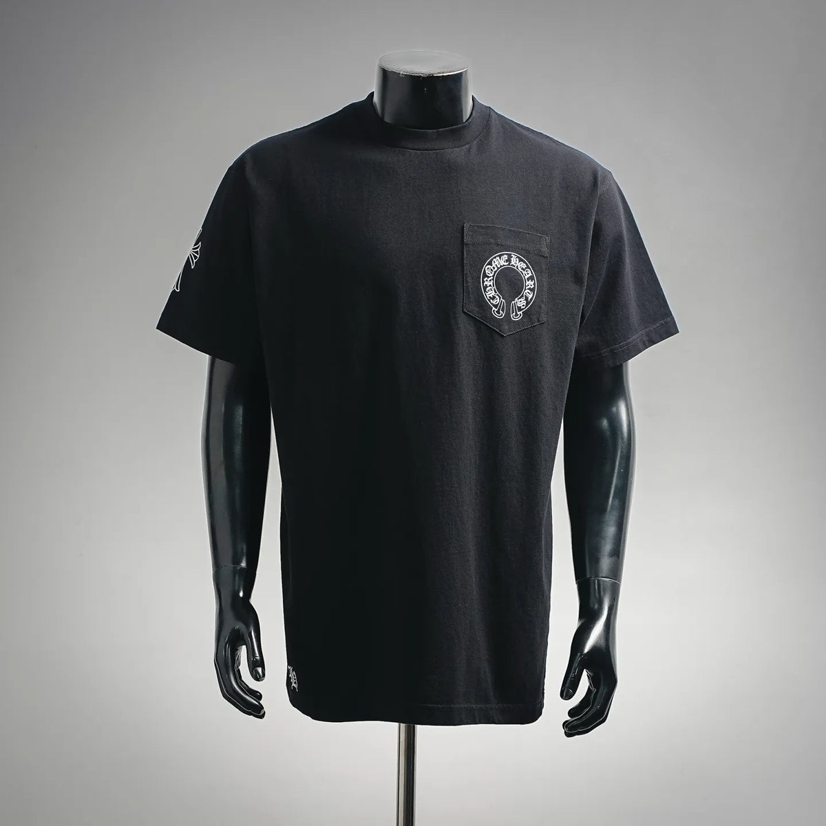 Black short-sleeve T-shirt with small front chest logo