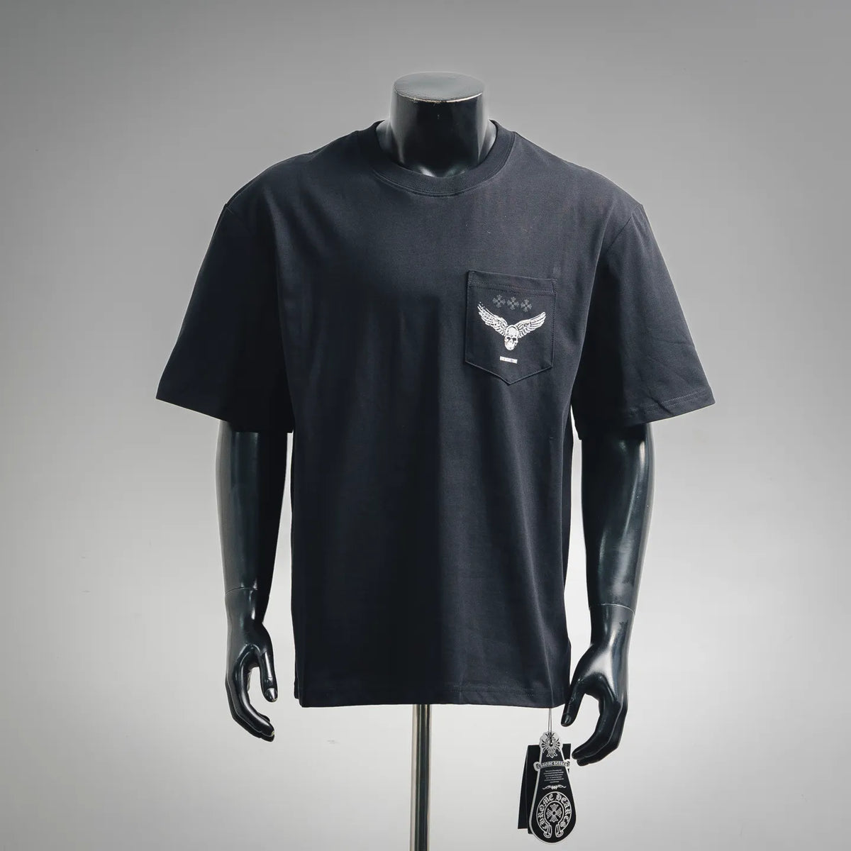 Men's dark navy crew-neck T-shirt with front chest pocket and winged graphic