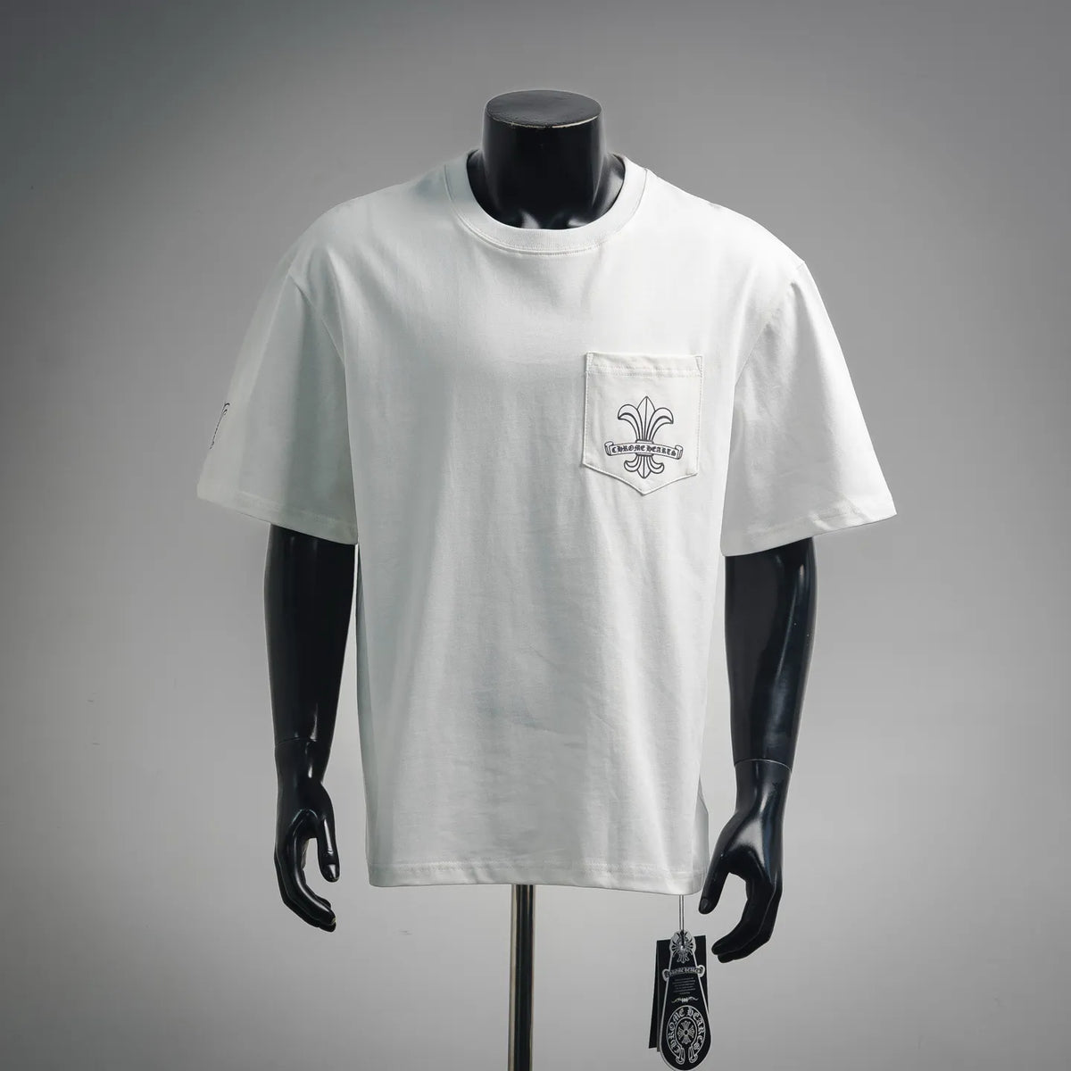 Chrome Hearts white short-sleeve T-shirt with small front fleur-de-lis chest graphic