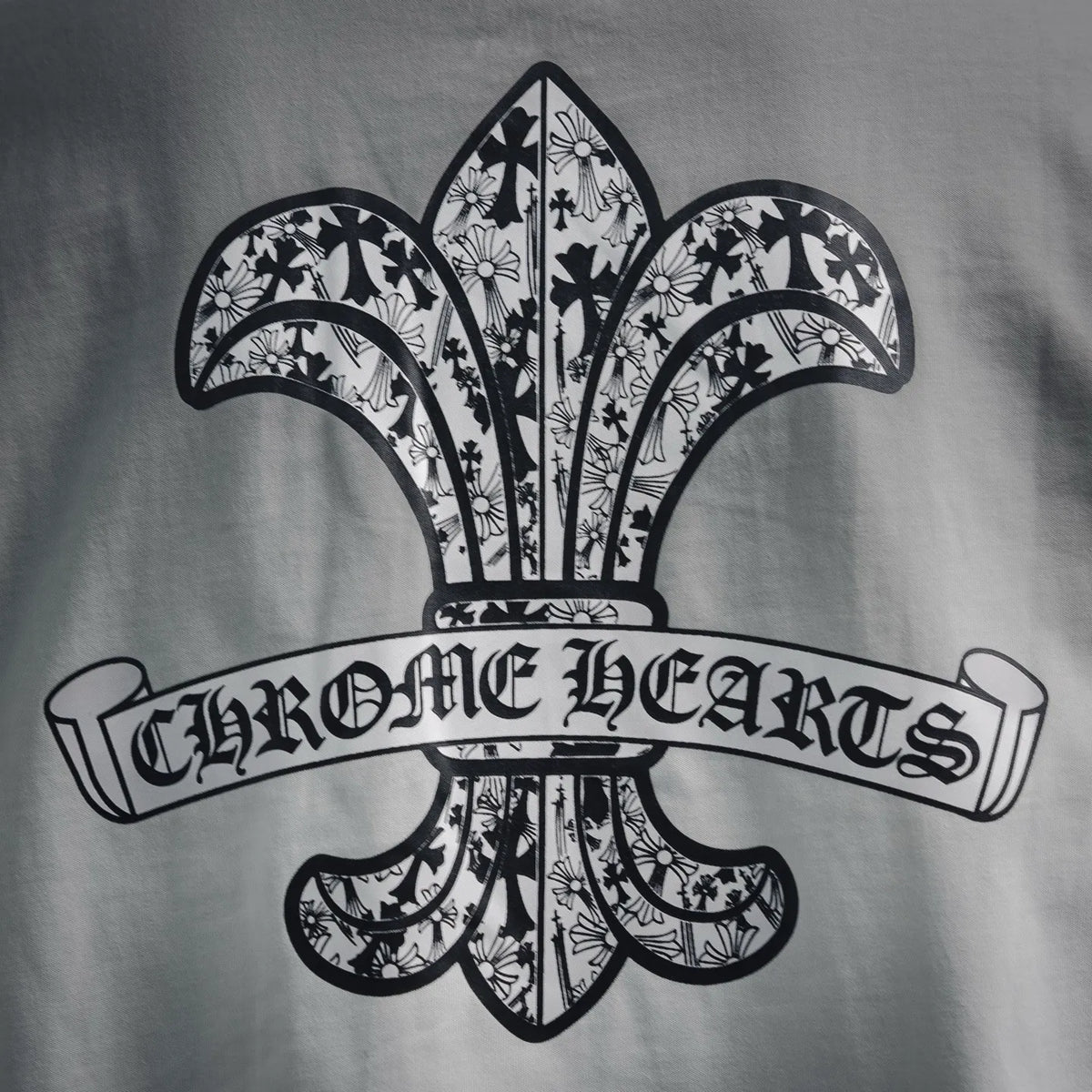 Chrome Hearts white T-shirt featuring a large fleur-de-lis with ornate floral pattern graphic