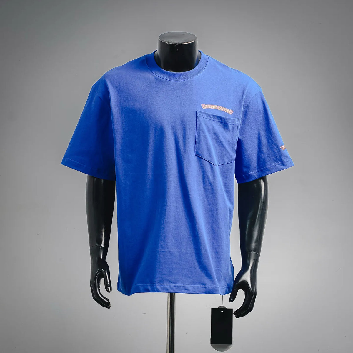 Blue short-sleeve T-shirt with chest pocket and small front logo