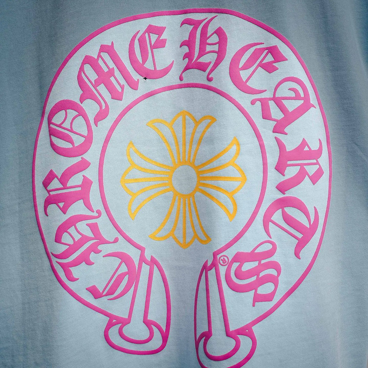 Large circular back graphic on light blue T-shirt with flower and lettering