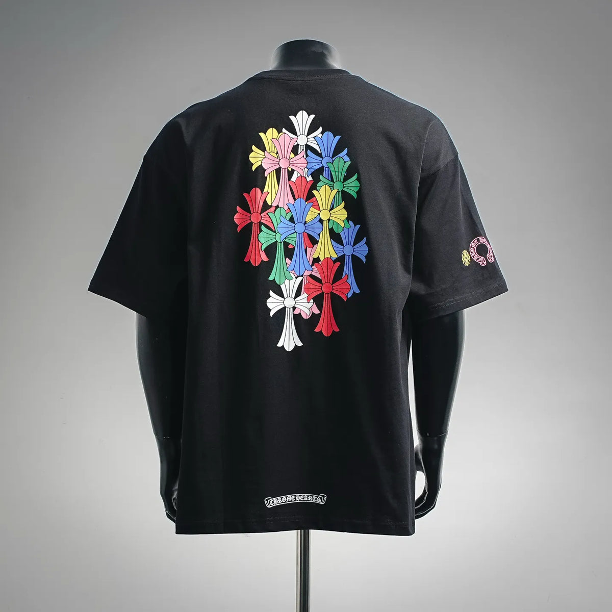 Black short-sleeve T-shirt with large colorful back floral graphic
