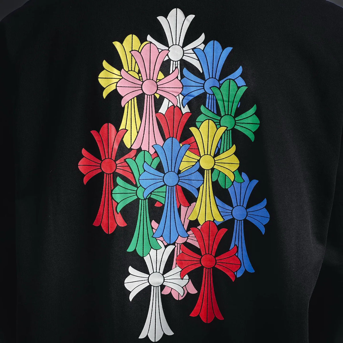 Black short-sleeve T-shirt close-up of colorful flower back print