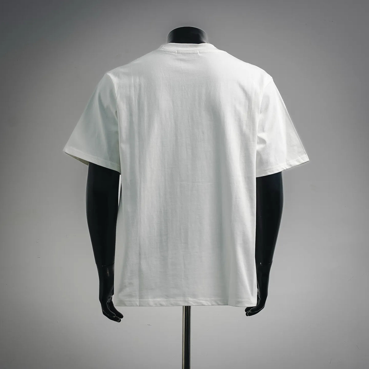 White short-sleeve crew-neck T-shirt, back view on a mannequin