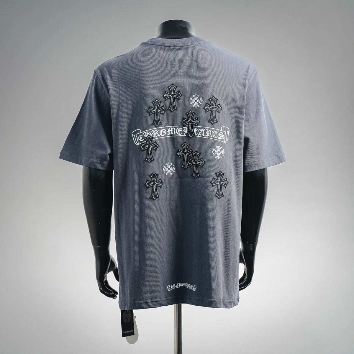 Blue crewneck short-sleeve t-shirt with large back cross and ribbon graphic