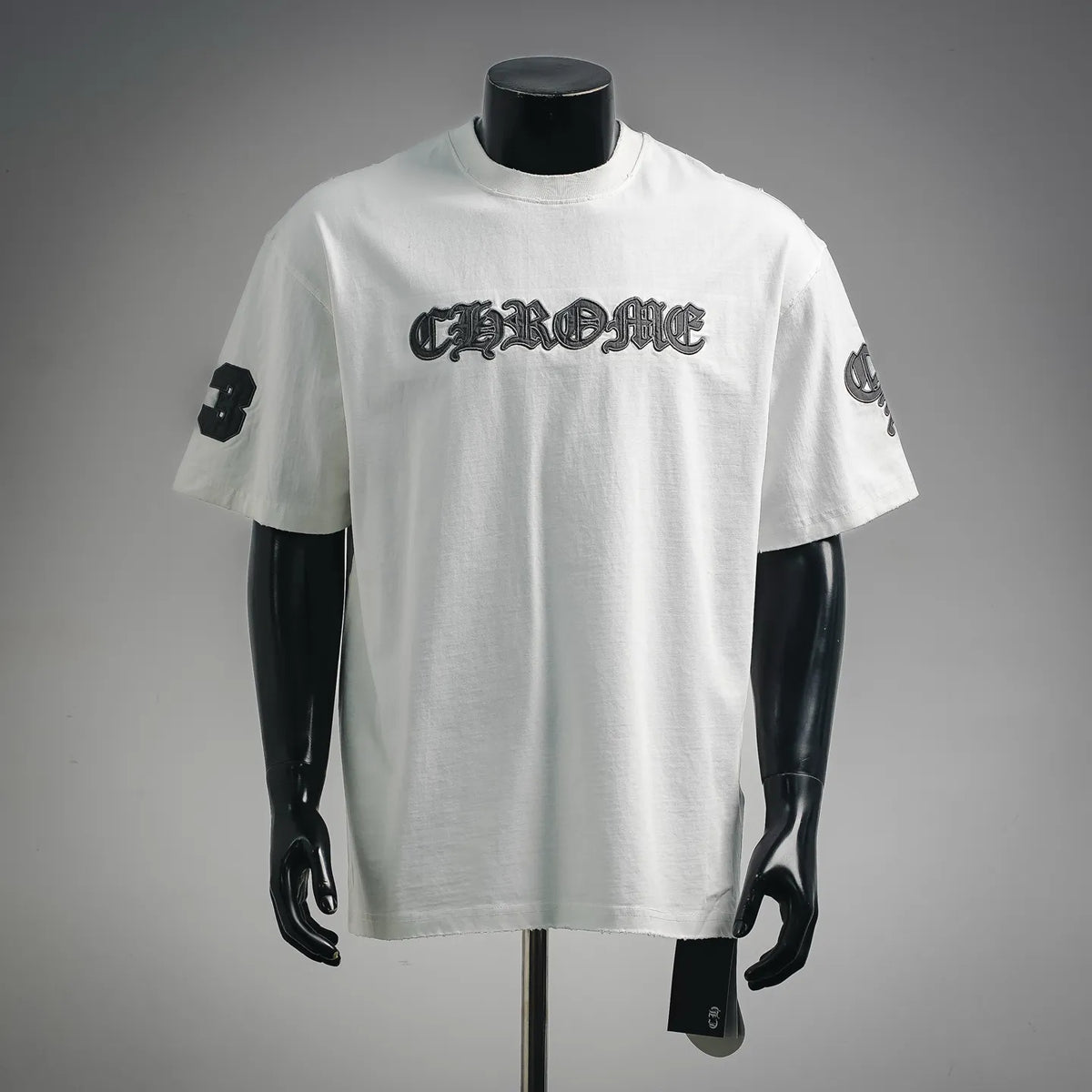 White graphic T-shirt with crew neck and large front logo print