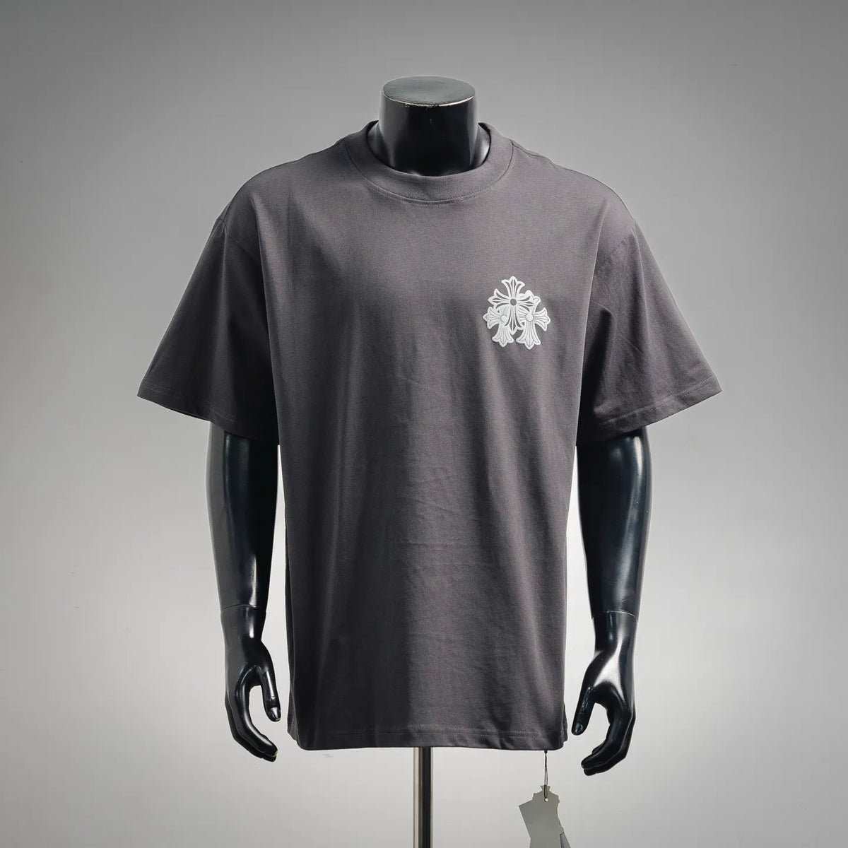 Charcoal short-sleeve T-shirt with small white front crest graphic