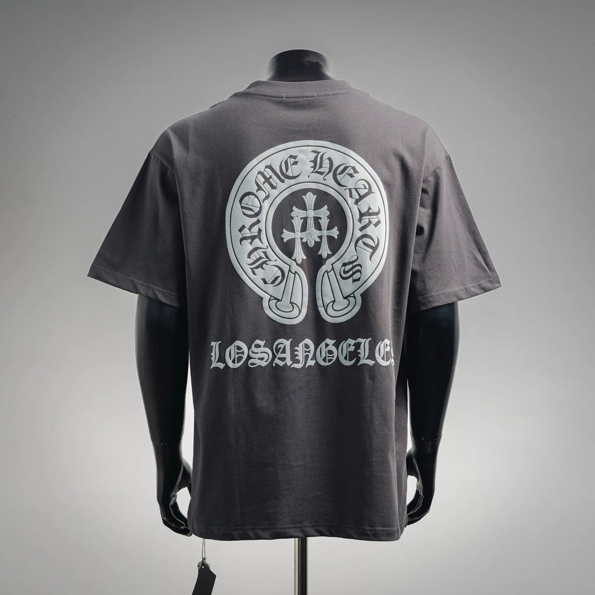 Charcoal short-sleeve T-shirt with large white back emblem and text
