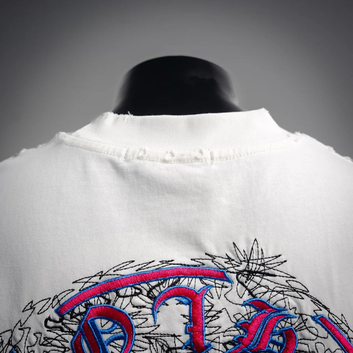 White T-shirt with ribbed crew neck and detailed large back embroidery.