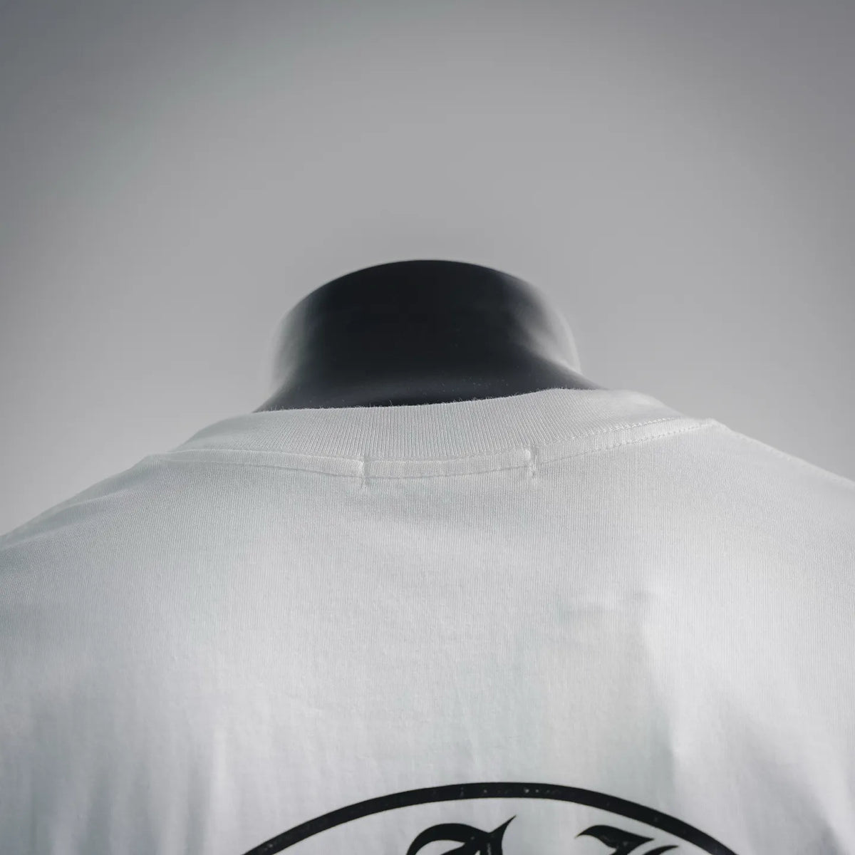 White crewneck T-shirt back view with partial collar and top print