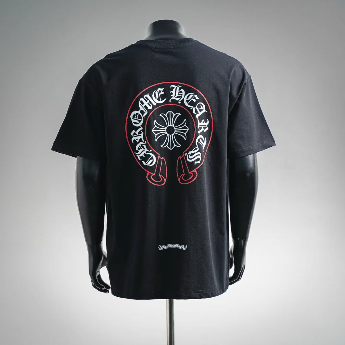 Black short-sleeve T-shirt with large back circular graphic artwork