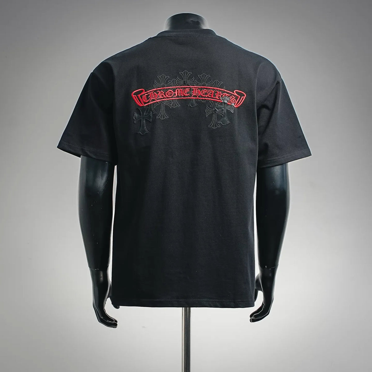 Black short-sleeve T-shirt with large back red and gray logo graphic