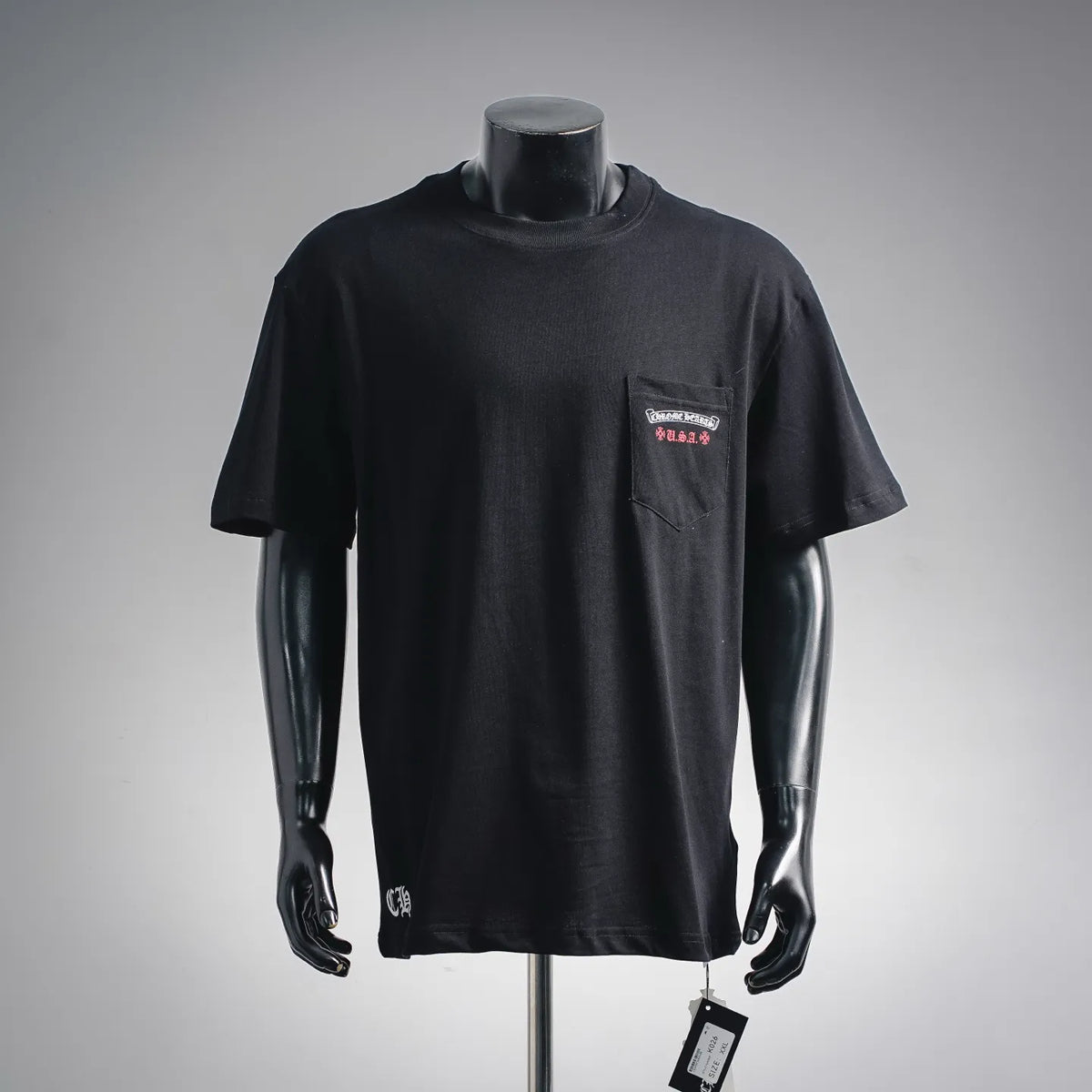 Black short-sleeve T-shirt with chest pocket and small Chrome Hearts graphic logo