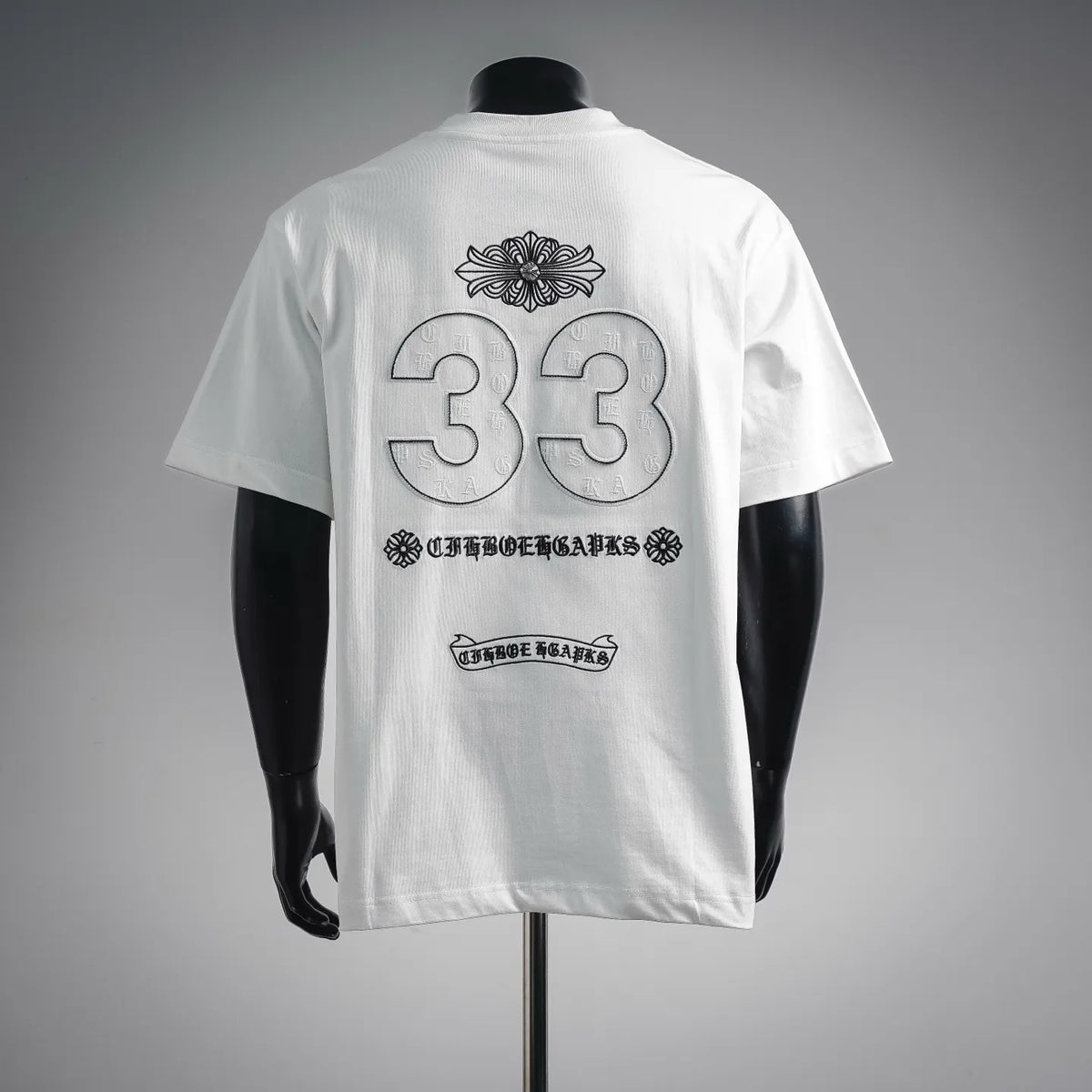 White crew-neck T-shirt with large back 33 graphic and decorative text