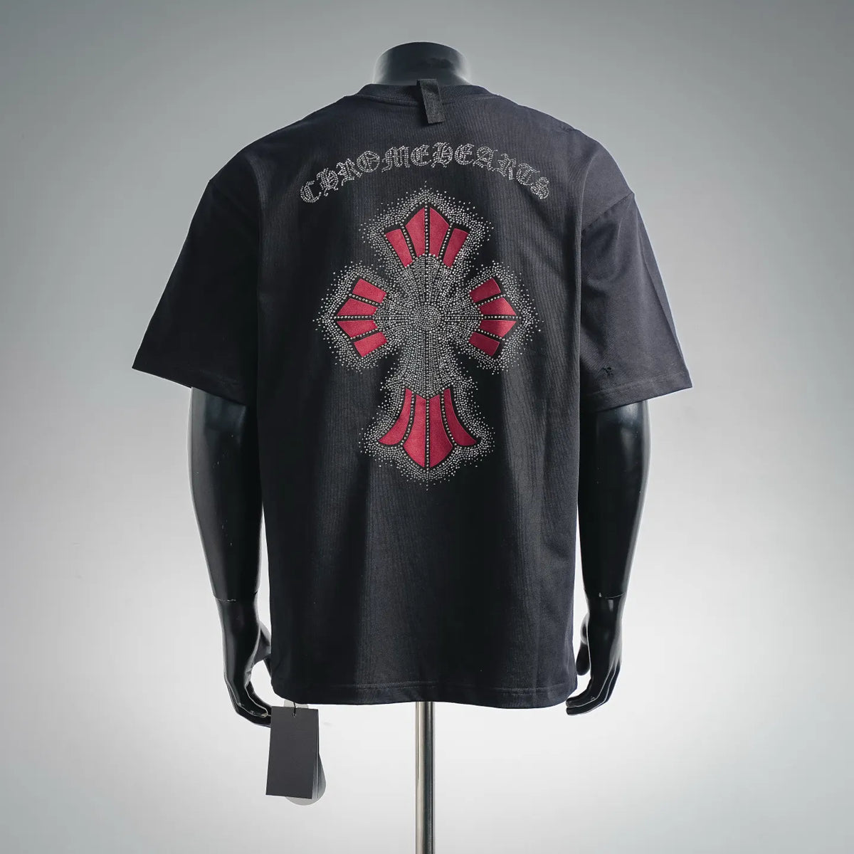 Black short-sleeve T-shirt with red fan-style rhinestone graphic on back