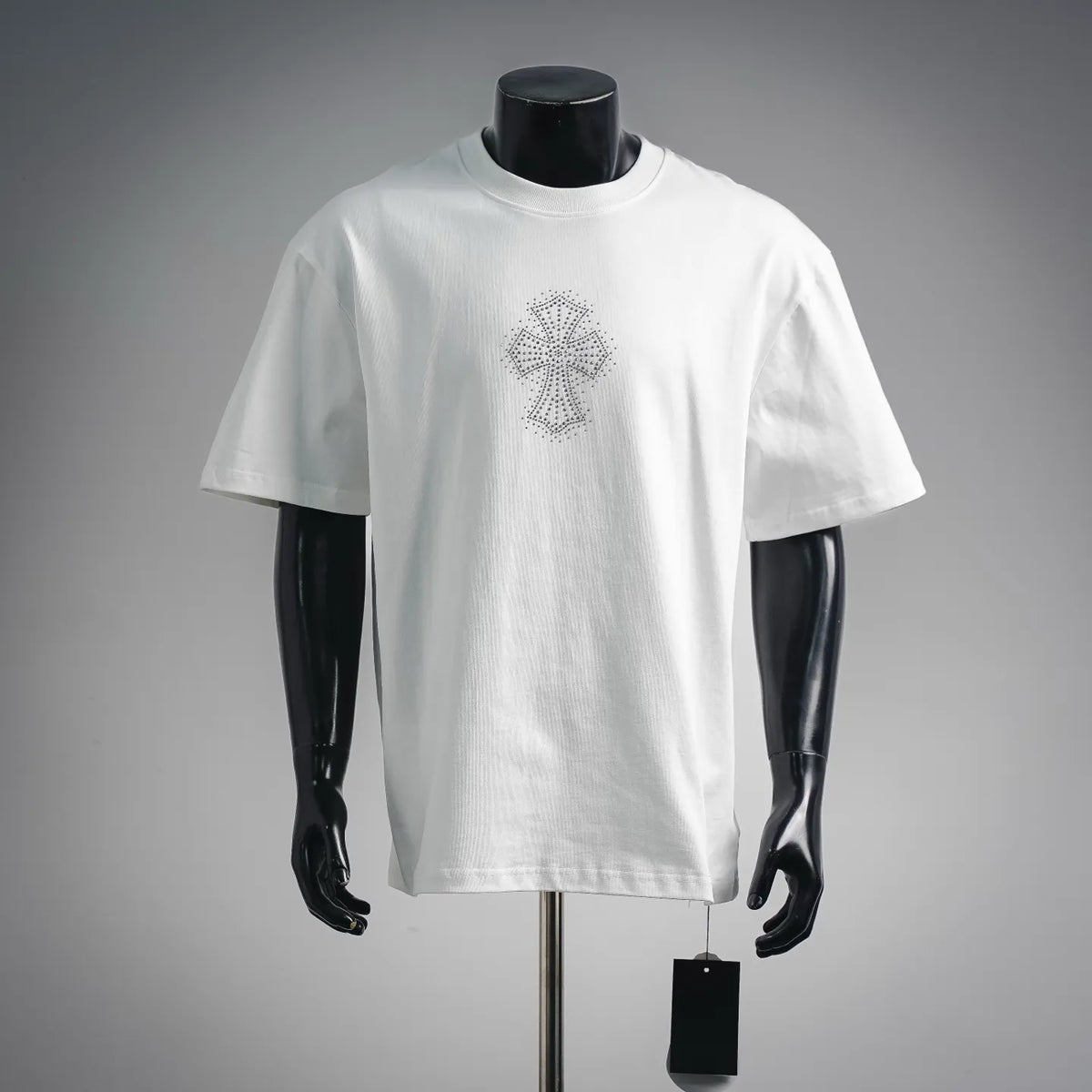White short-sleeve T-shirt with small rhinestone starburst graphic on chest
