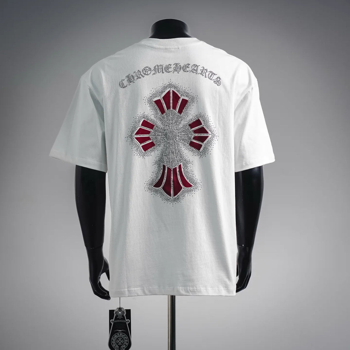 White short-sleeve T-shirt with large rhinestone back graphic and red accents
