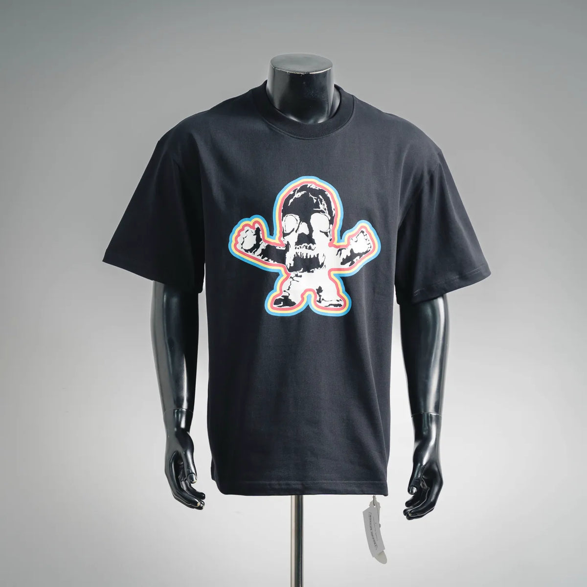 Black graphic T-shirt with multicolor skull-and-crossbones heart logo on front