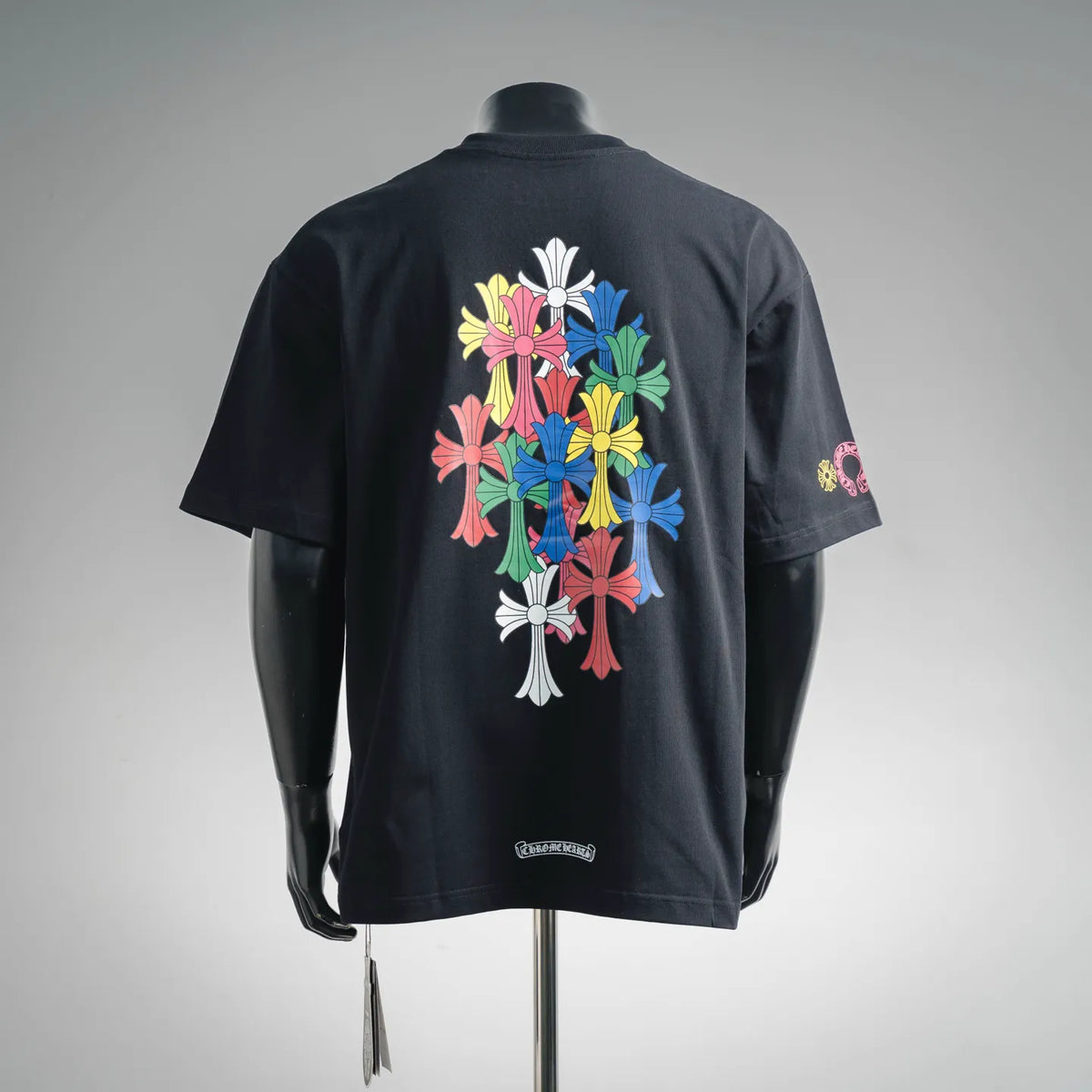 Black crewneck T-shirt with large colorful floral graphic on back