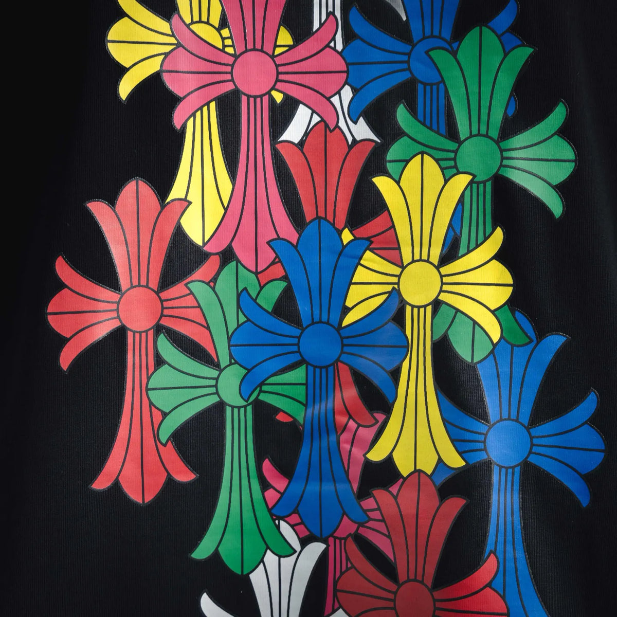 Colorful floral patchwork graphic on black T-shirt