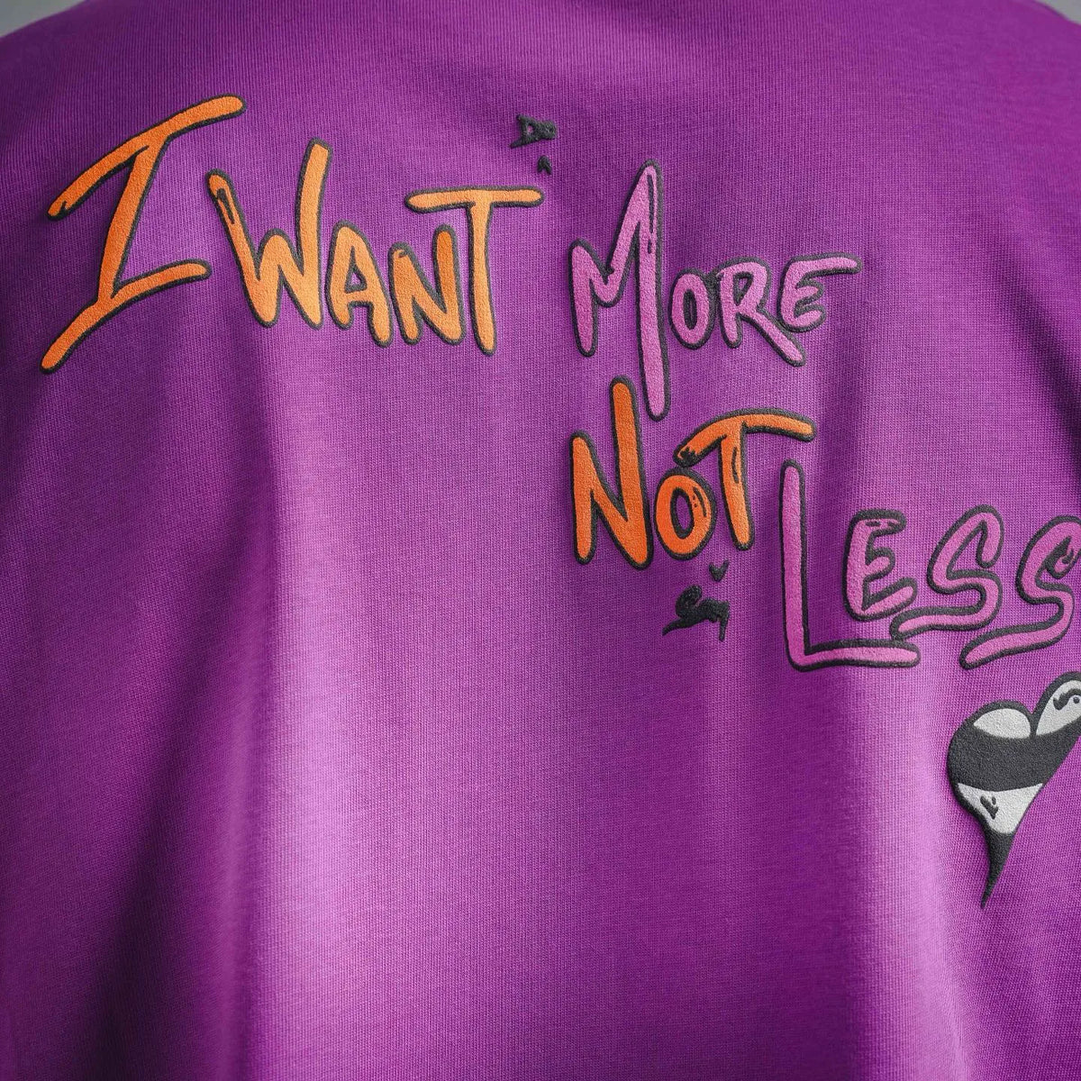 Purple T-shirt back print: colorful lettering with small penguin illustration