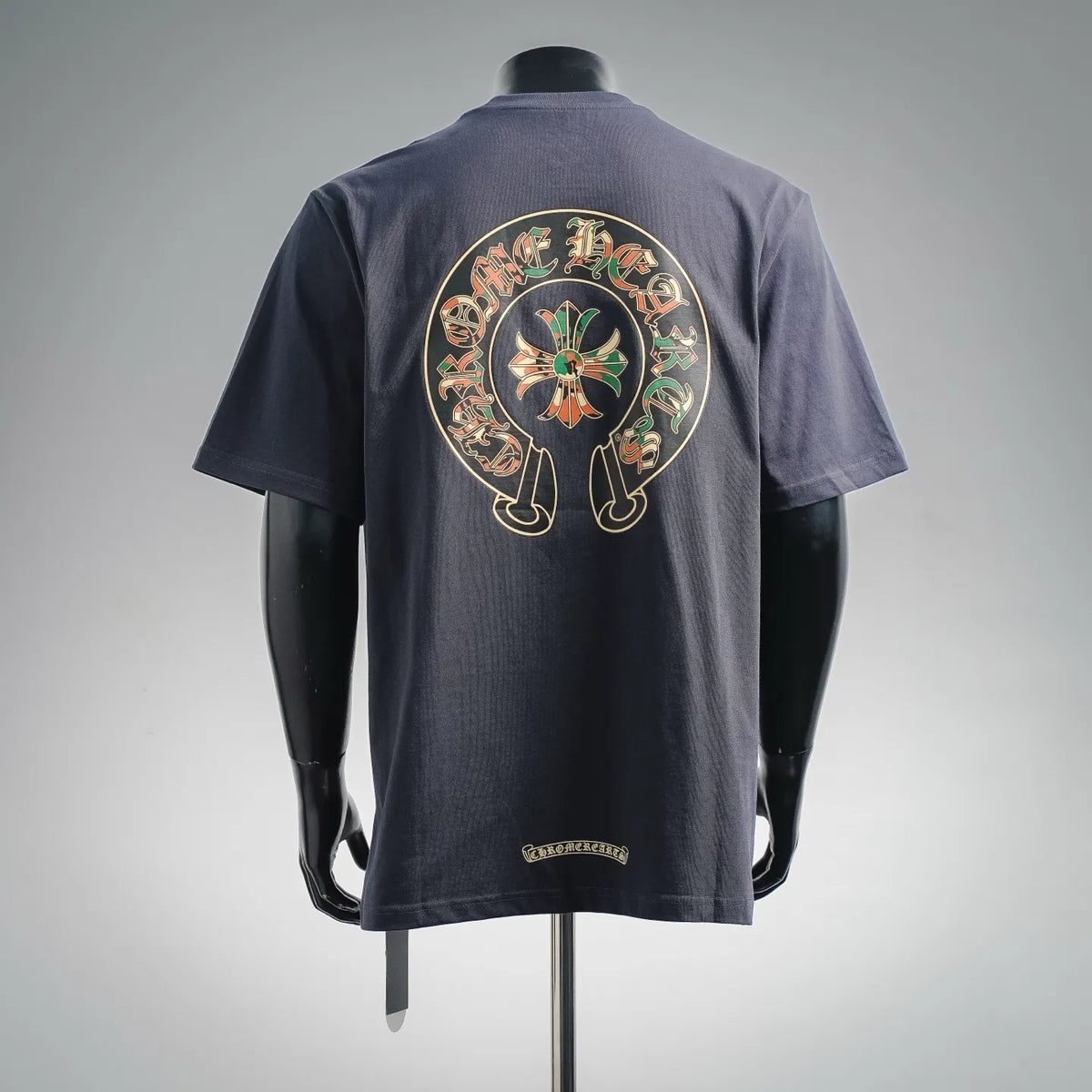 Dark navy short-sleeve T-shirt showing large circular back graphic in color