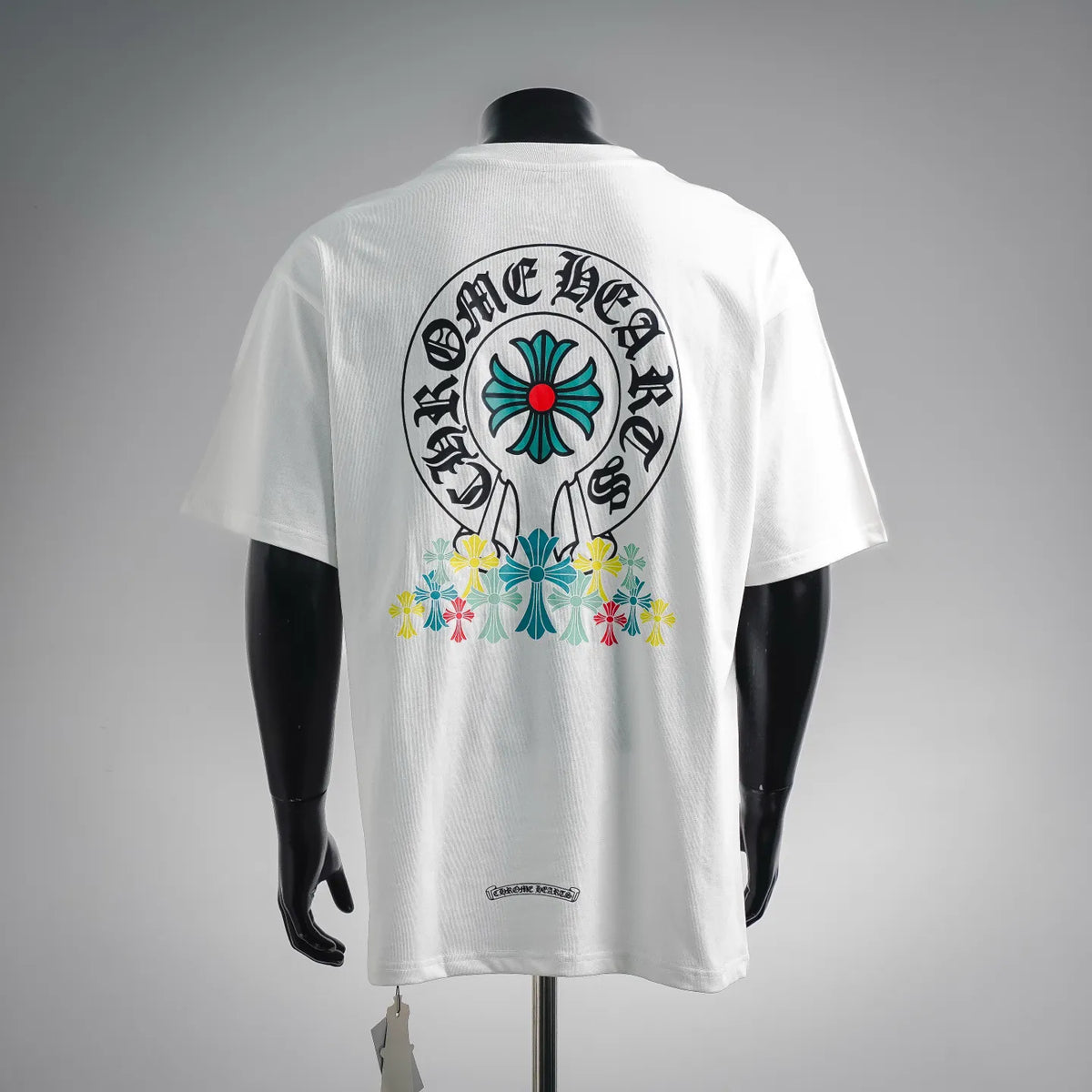 White crew-neck short-sleeve T-shirt with large back graphic print