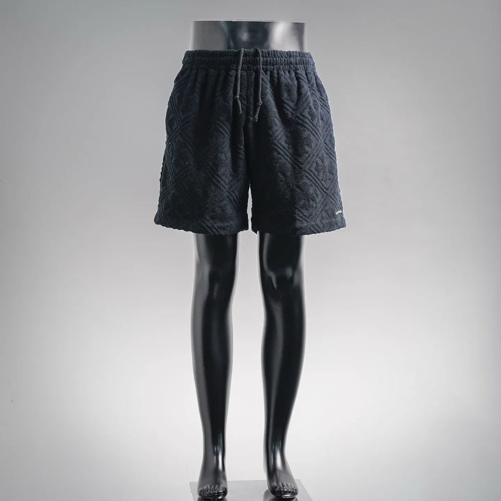 Textured dark navy elastic-waist shorts with drawstring, relaxed fit