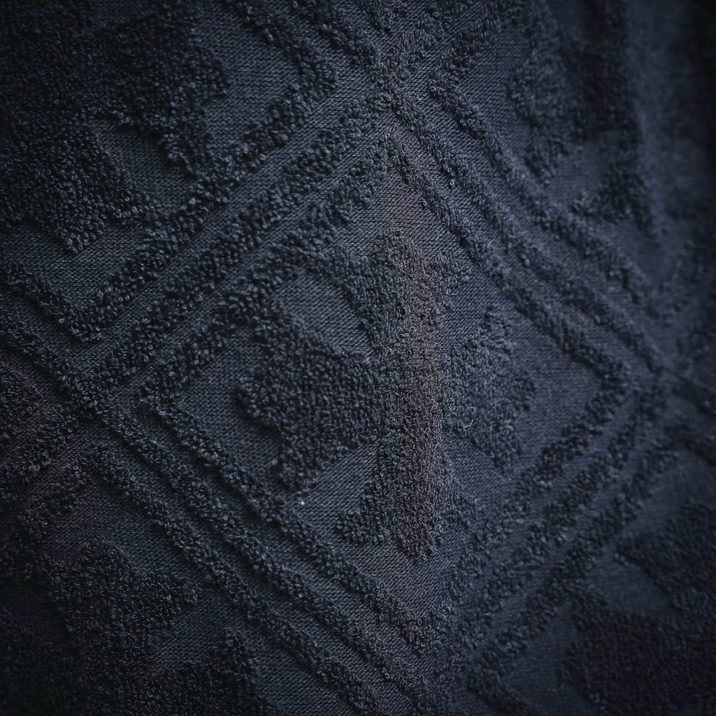 Detailed view of dark navy textured fabric pattern on shorts