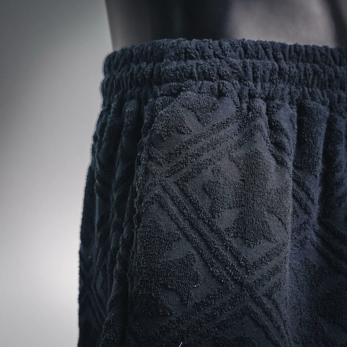 Dark navy elastic waistband and textured pattern at the top of the shorts