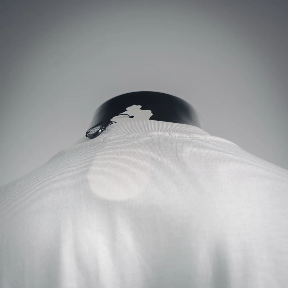 White T-shirt with collar area featuring small dark logo on back