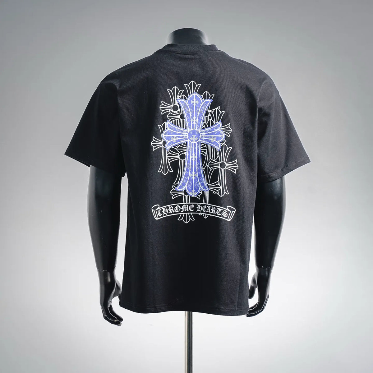 Black crew-neck short-sleeve T-shirt with large blue-and-white cross back graphic